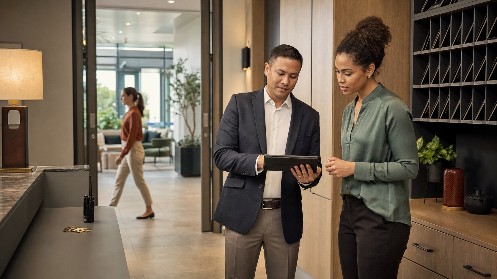A hotel operations colleague working at a computer while another team member looks on