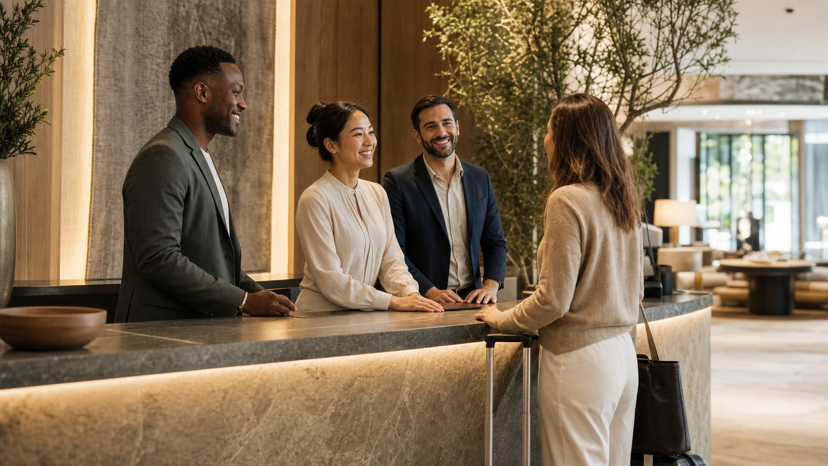 A hotel front desk team welcoming a guest