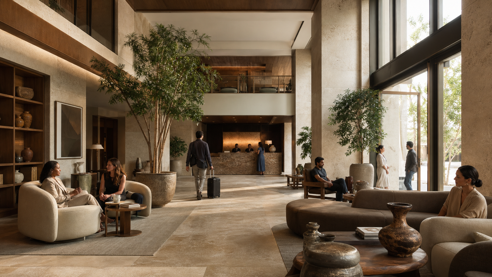 A bright modern hotel lobby