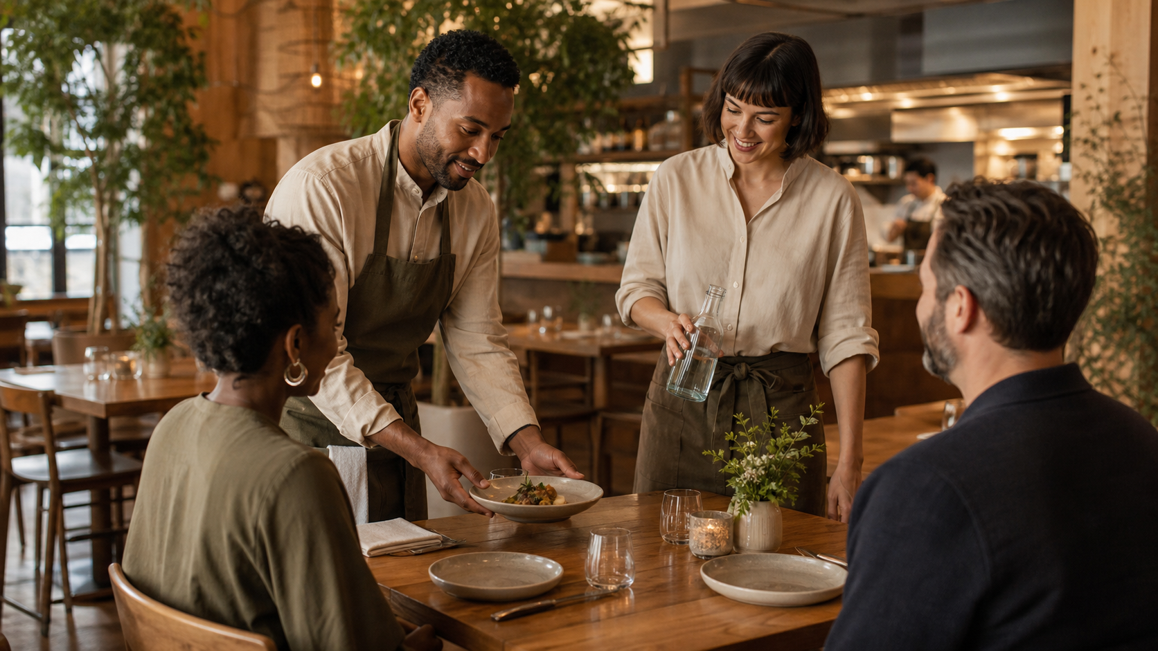 A hotel restaurant team welcoming diners