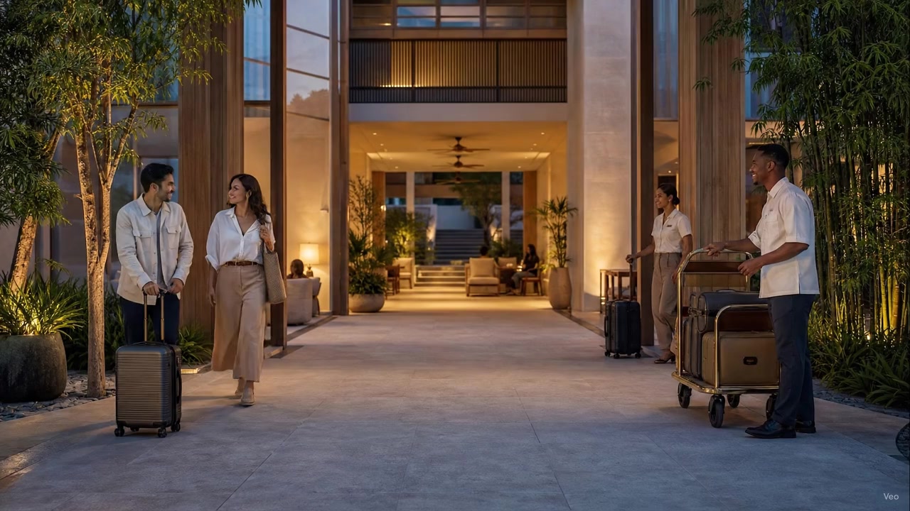 Couple arriving at a hotel entrance where staff wait with a luggage trolley