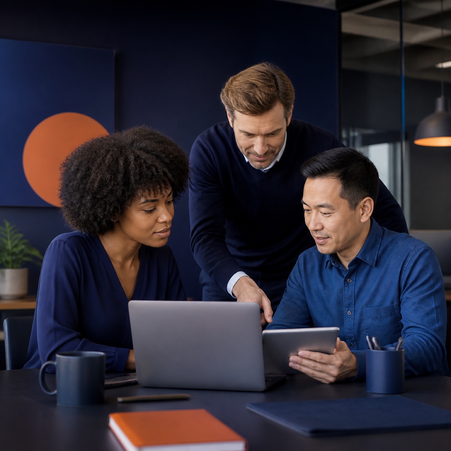 Accounting professionals reviewing financial work together on local devices